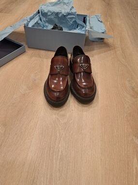Prada Brown Leather Penny Loafers with Triangle Logo Size 11.5